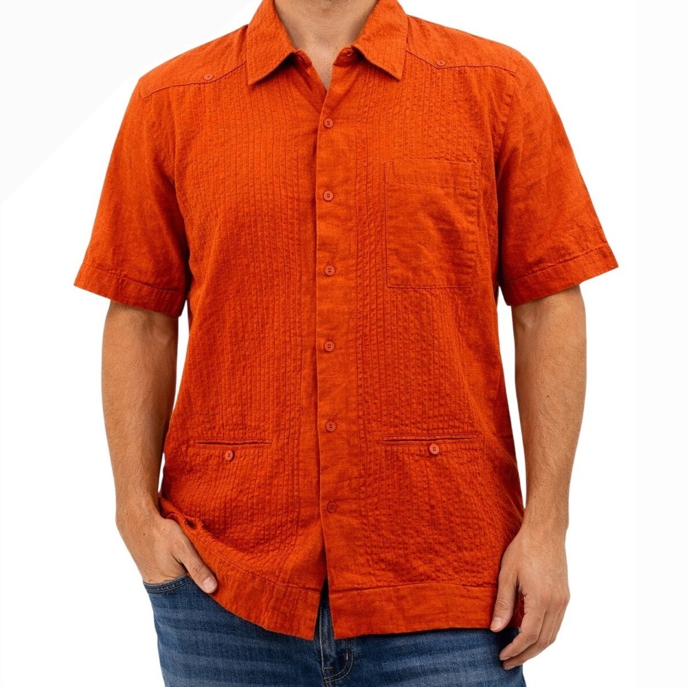 Men's 100% Linen Guayabera Shirt AL A'M Cuban Wedding Camp Orange Size 40